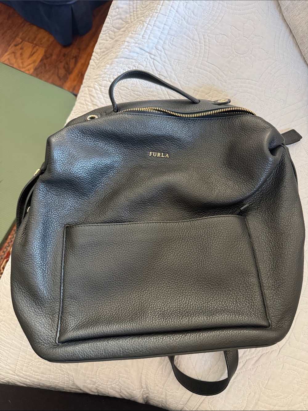 Furla Dafne Black Pebbled Leather Backpack with Gold Hardware